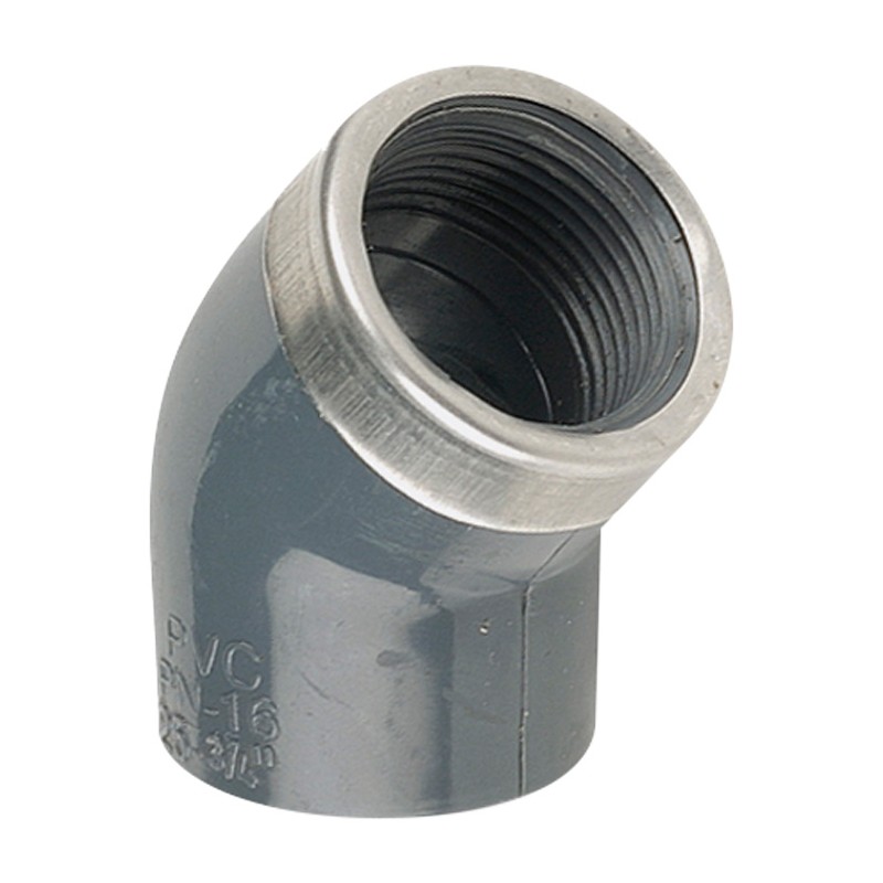 Колено переходное 45° ПВХ Hidroten 1002174, металлическое кольцо, d50 мм, 1 1/2"